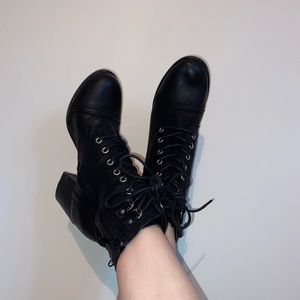black heeled lace up combat boots